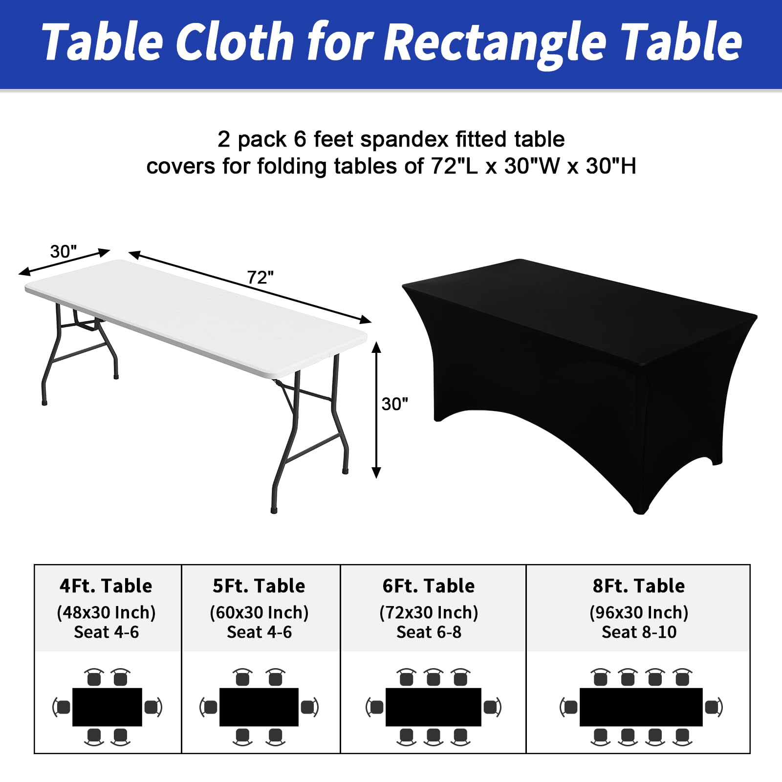 Fixwal 6FT Table Cloth for Rectangle Table, 2 Pack Black Tablecloths Rectangular Stretch Spandex Fitted Table Covers 6 Foot for Party, Tradeshows, Banquet, Weddings, Buffet, Graduation Decorations