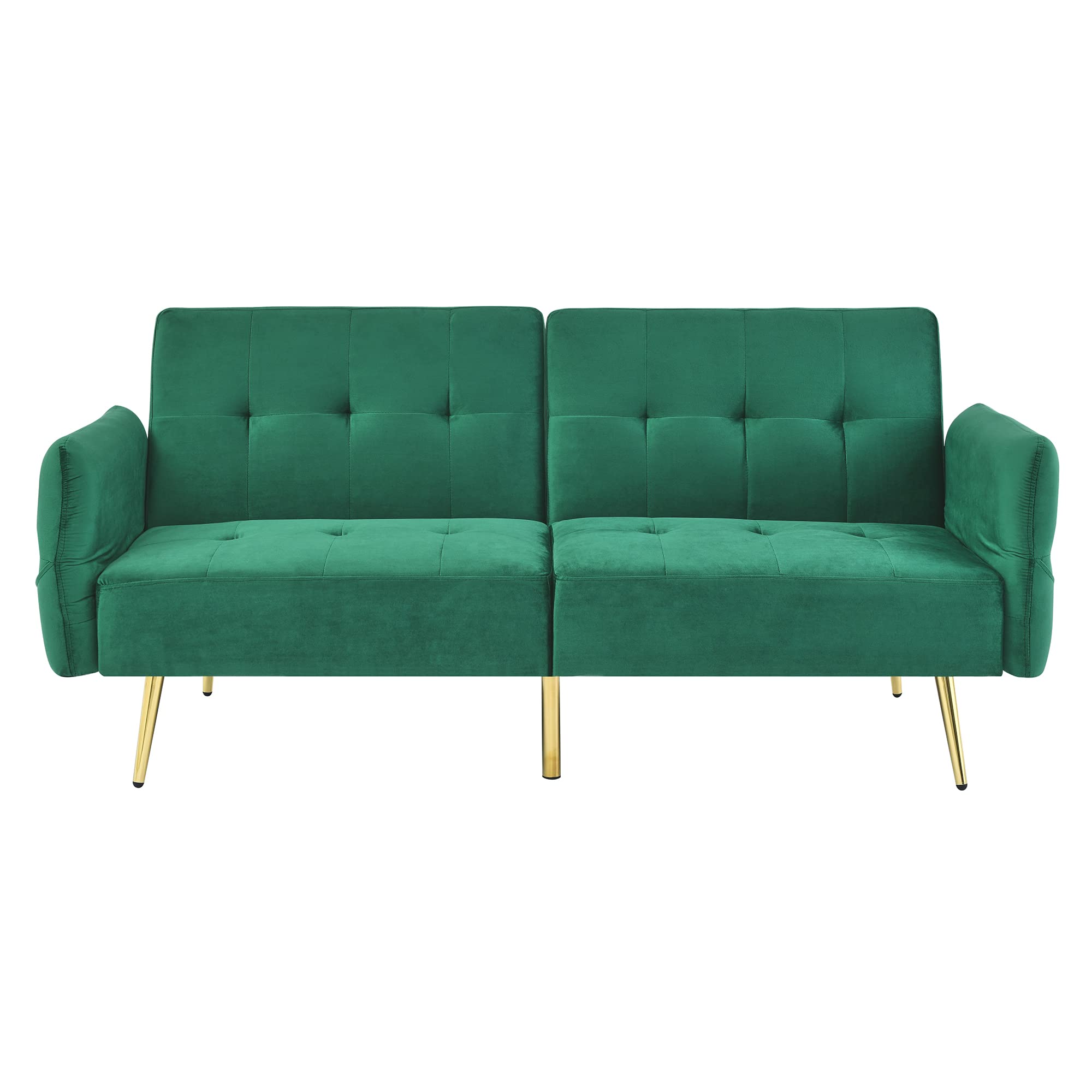 LOPOO 78" Italian Velvet Convertible Futon Sofa Bed, Modern Sleeper Loveseat Couch with Adjustable Armrests, Storage Bags, Gold Stainless Steel Feet, Tufted Back, Foam-Filled, Solid Wood Frame, Green