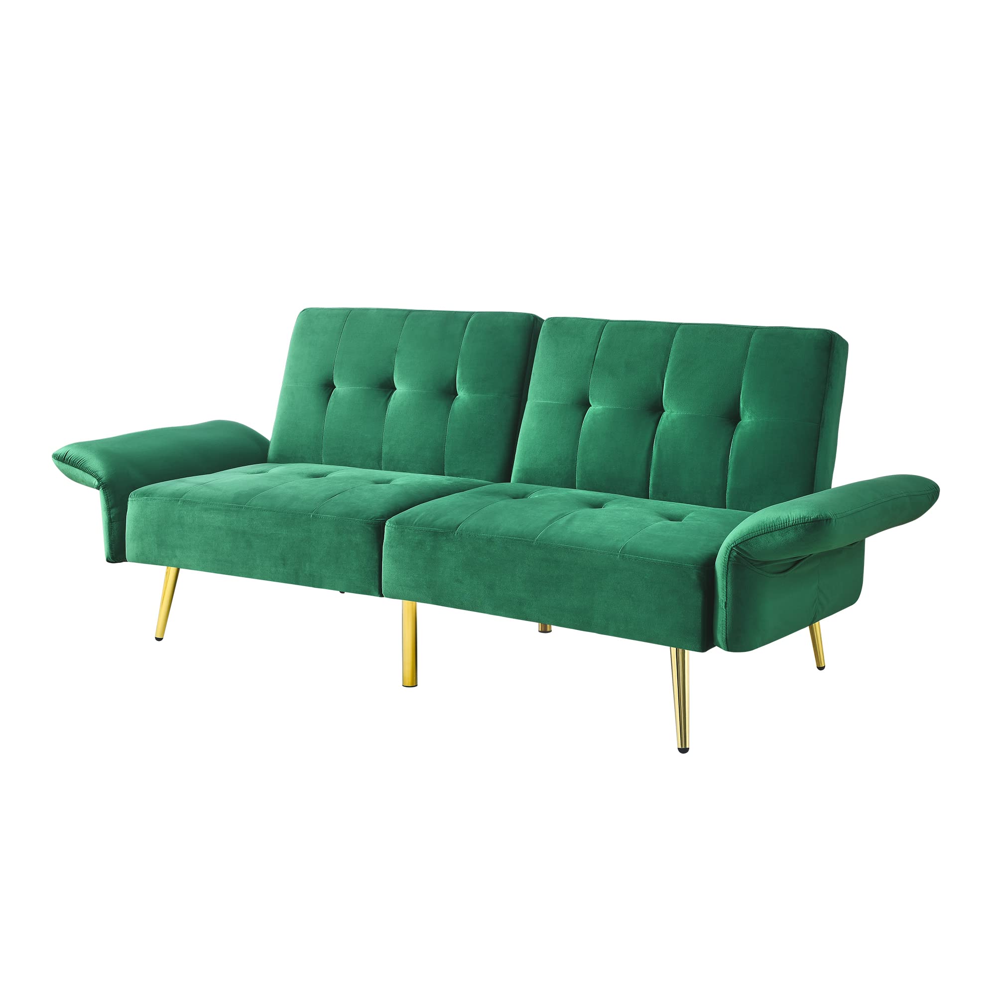 LOPOO 78" Italian Velvet Convertible Futon Sofa Bed, Modern Sleeper Loveseat Couch with Adjustable Armrests, Storage Bags, Gold Stainless Steel Feet, Tufted Back, Foam-Filled, Solid Wood Frame, Green