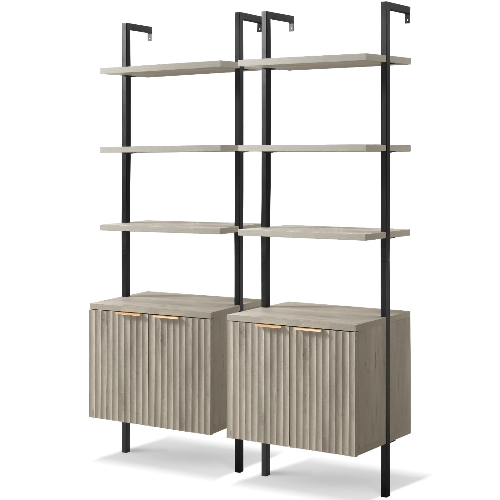 OAKHAM HOME Oxford Bookshelf, Ladder 5 Tier Open Bookshelf, Tall Book Shelf with Cabinet, Wall Mount Bookshelves with Display Rack, Bookcase with Shelves for Bedroom, Living Room, Grey Oak 2 Piece