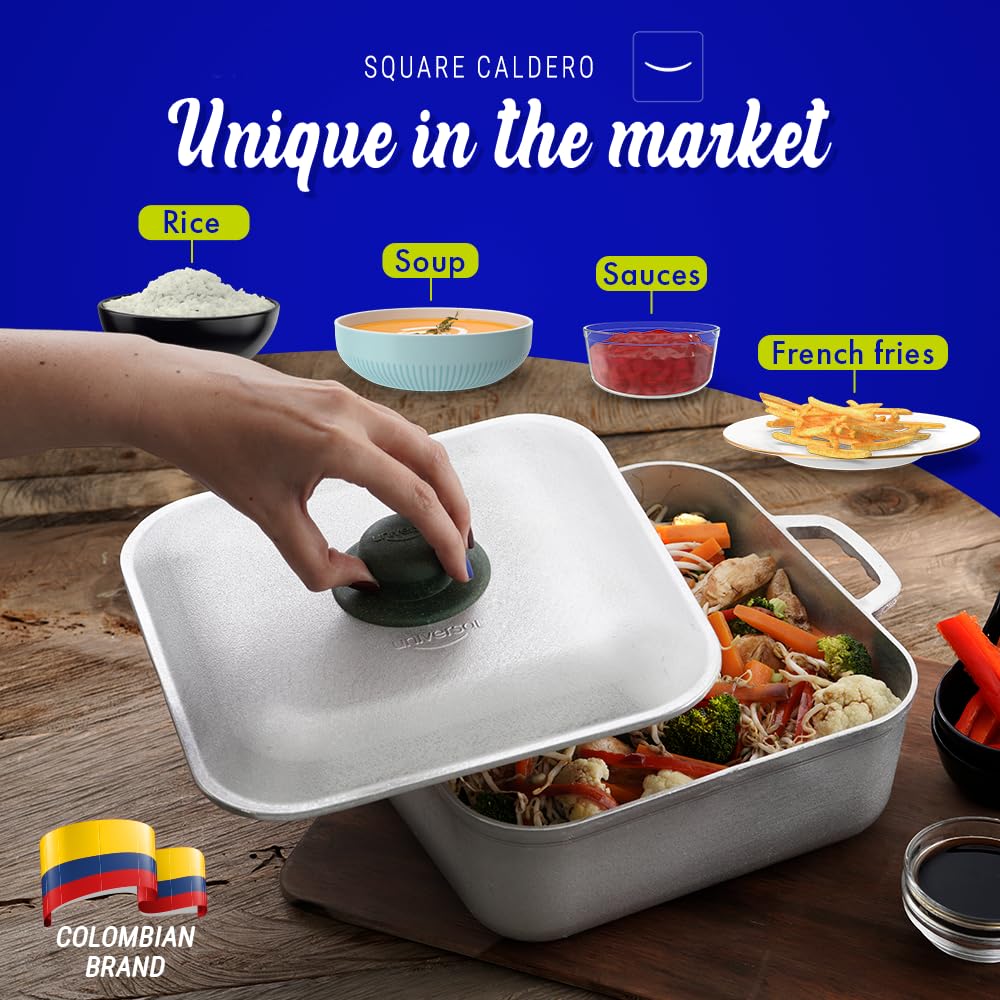 Universal Unique Square Caldero (6 Quart - 15 Cups), Stainless Aluminum Pot, Oven Safe, Even Heat Distribution and Fast Cooking Dutch Oven Pot with Lid, Ideal for Rice, French Fries, and More