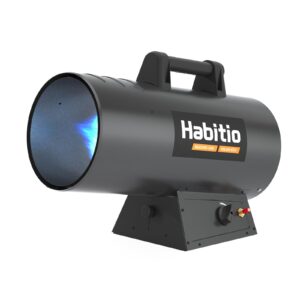 habitio 125,000 btu forced air propane heater, portable torpedo heater for jobsite, garage, and construction sites, 10 ft hose with regulator included