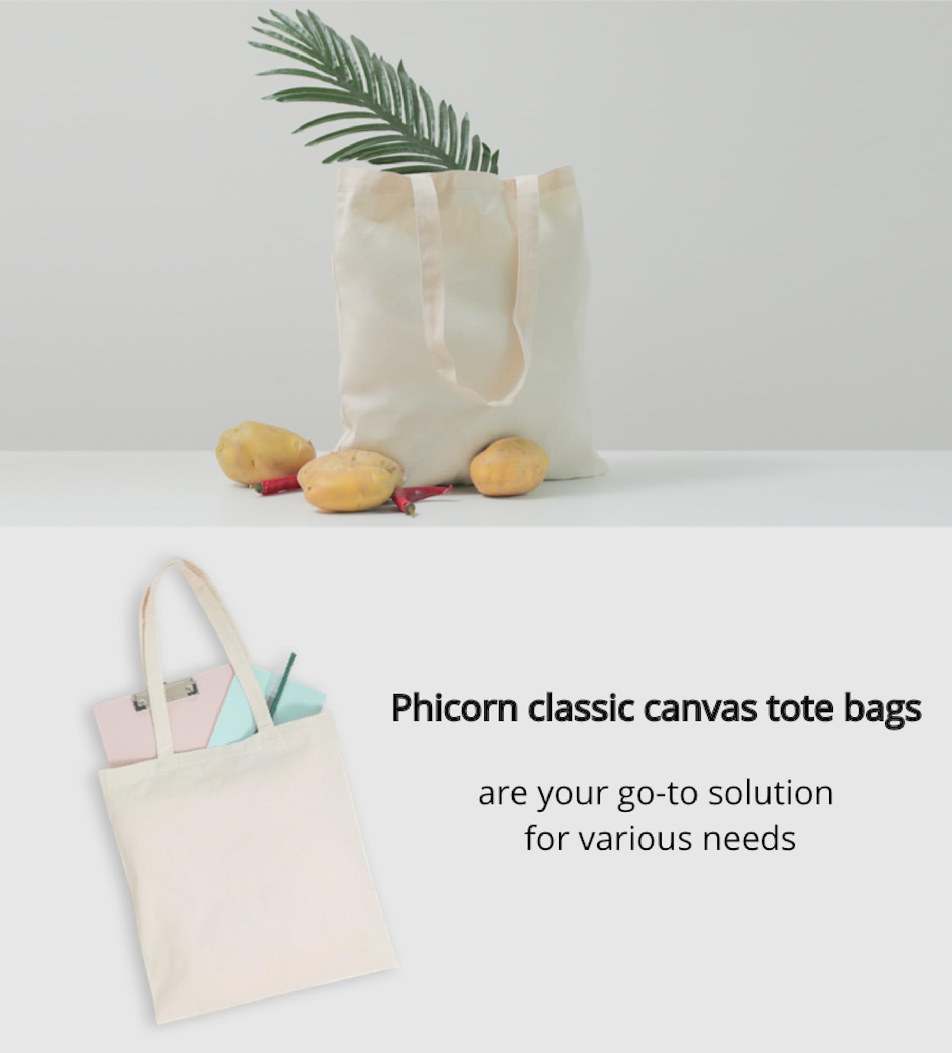 Phicorn Blank Canvas Tote Bags Bulk - 7oz 100% Cotton, 15"x16", Reusable Grocery Bags - Plain Tote Bag for Craft and Painting (2-Pack)