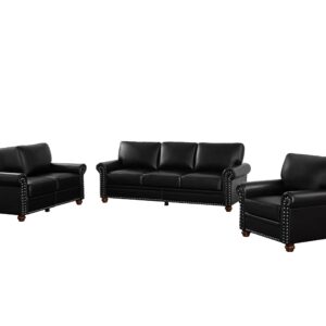 Moxoq Mid-Century Modern Faux Leather Living Room Sofa Set with Rivet Trim, Solid Wood Frame and Legs - Single, Double, Triple, 2+3 Seater, 1+2+3 Seater, 4 Color Options (Black, Single Sofa)