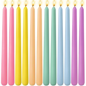 12 pack 10 inch multi-color taper candle set for holiday dinner party, unscented long candlesticks, dripless and smokeless, 7-8 hours burn