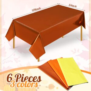 VitalCozy 6 Pcs Fall Foil Plastic Tablecloth Disposable Thanksgiving Table Covers Orange Yellow Brown Rectangle Metallic Tablecloths for Autumn Harvest Home Party Decoration Supplies, 54 x 108 Inch