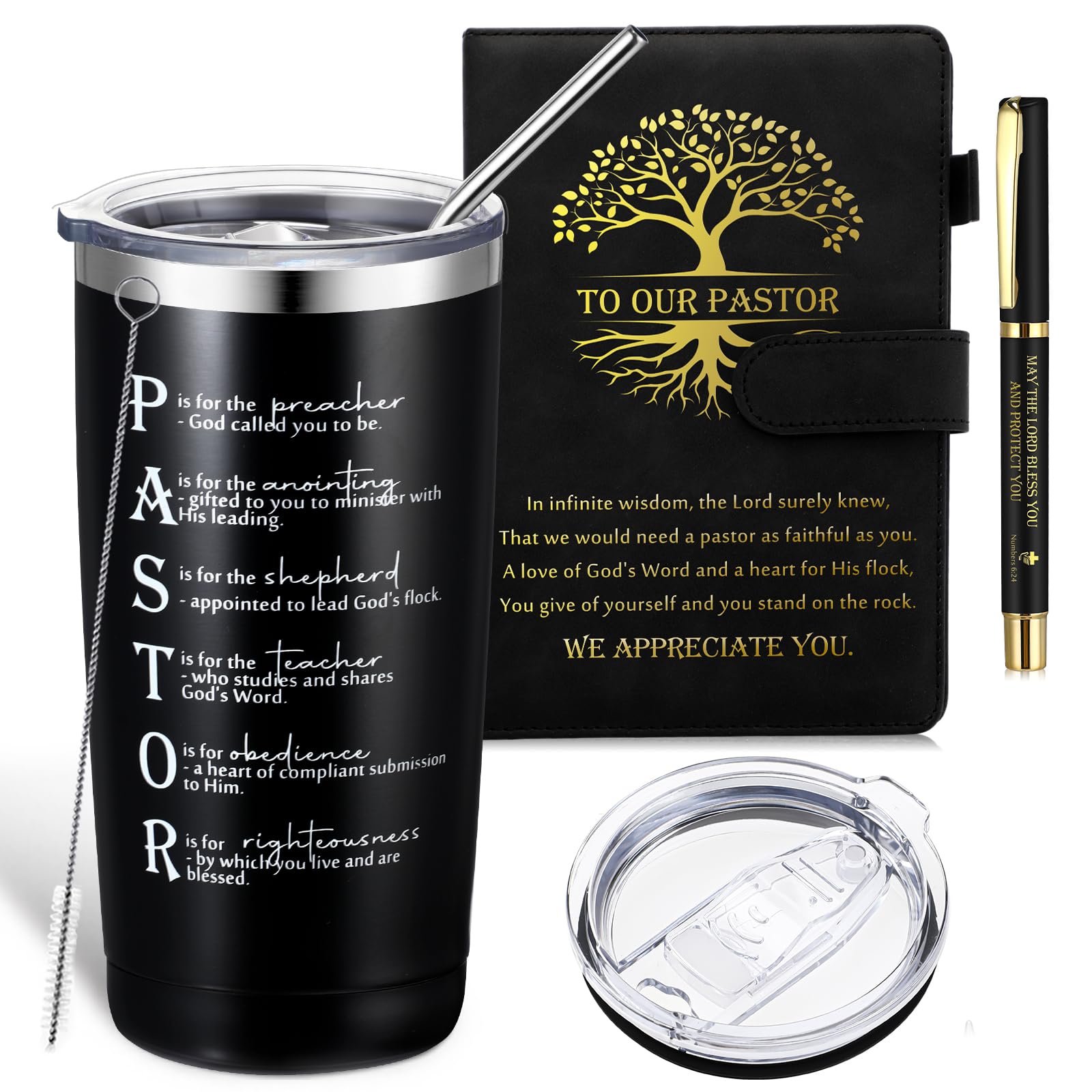 Skybooly Set of 3 Pastor Appreciation Gifts for Men 20oz Stainless Steel Tumbler Pastor Ordination A5 Journal Inspirational Ballpoint Pen Gift for Clergy Appreciation Day Christmas, Birthday (Black)