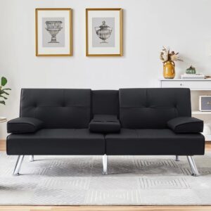 zlchyj faux leather futon sofa bed with cup holders and pillows (black)