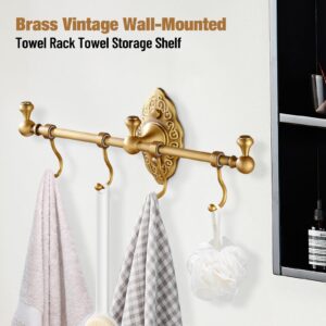 RustyVioum Wall Mounted Brass Towel Bar with 4 Hooks, European Retro Brass Towel Hook Rack, Hanger Hook Rack for Entryway Bathroom Bedroom, 14.17 * 2.95inch