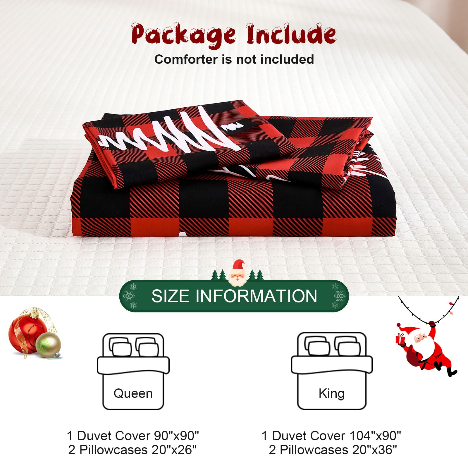 Dobuyly Christmas Duvet Cover Queen Size, Red Plaid Christmas Tree Printed Duvet Cover Set, Soft Microfiber Buffalo Check Christmas Bedding Set 3 Piece