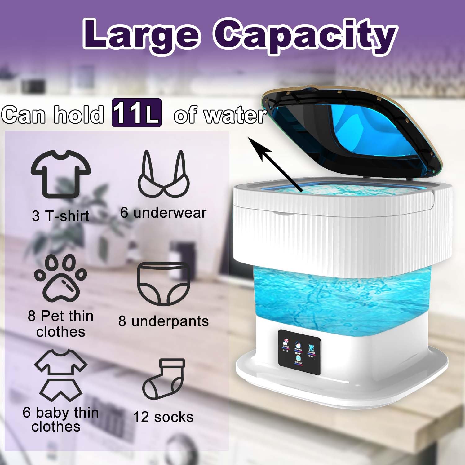 Mini Washing Machine, Portable Foldable Washer, 11L Large Capacity Upgrade Model, Small Collapsible Compact Laundry Washer and spin dryer, Apartment, Dorm, Rv, Socks, Underwear, Baby Clothes (Purple)