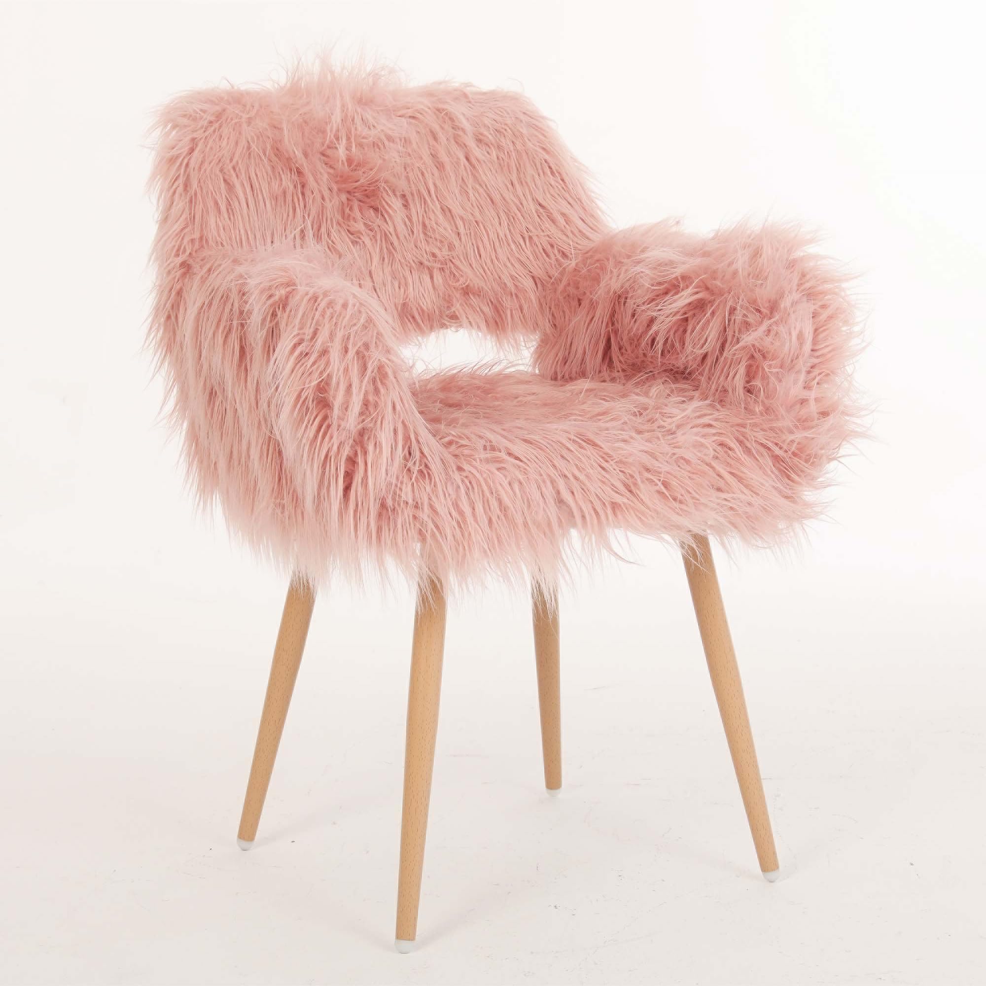 Faux Fur Desk Chair with Wood-Like Metal Legs,Furry Accent Chair Cute Desk Chair,Fluffy Home Office Chair Without Wheels for Women Kids Teen Girls