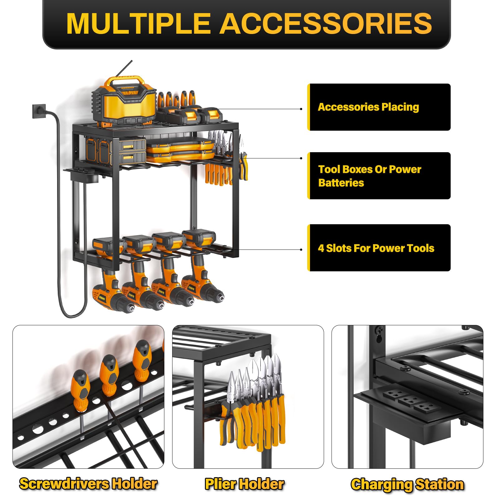 Power Tool Organizer Wall Mount, 3 Layers Drill Holder With Charging Station, Heavy Duty Garage Tool Storage，Utility Racks Shelf for Tool Batteries, Screwdriver, Wrench