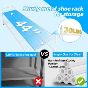 MWQ 2 Tier Metal Shoe Rack Organizer for Closet, 44" w Long Free Standing Shoe Storage Shelf for Entryway, Hallway, White