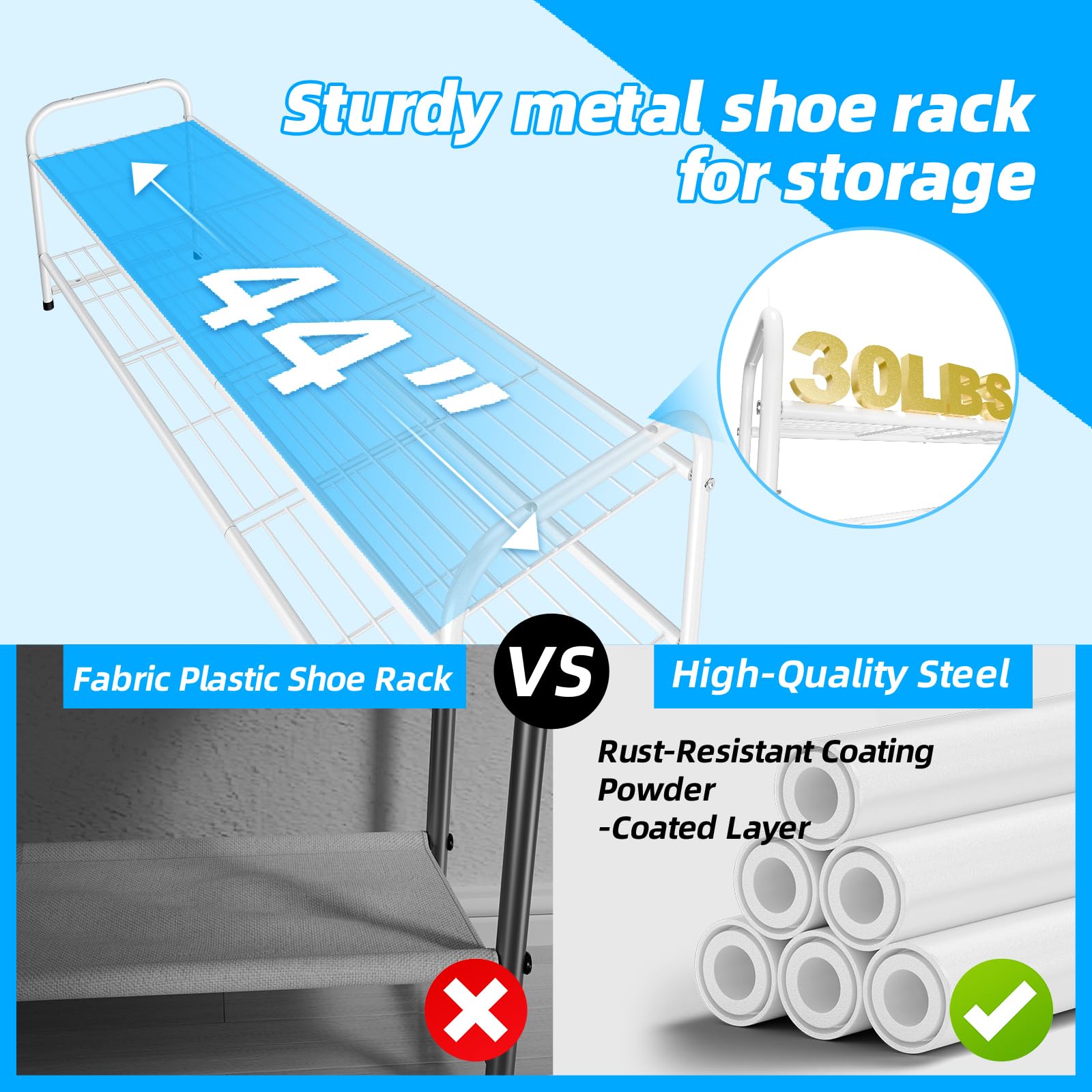 MWQ 2 Tier Metal Shoe Rack Organizer for Closet, 44" w Long Free Standing Shoe Storage Shelf for Entryway, Hallway, White