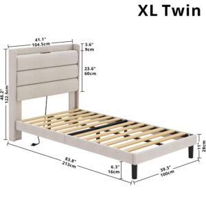 LIKIMIO Twin XL Bed Frames, Storage Headboard with Outlets, Sturdy and Stable, No Noise, No Box Springs Needed, Beige