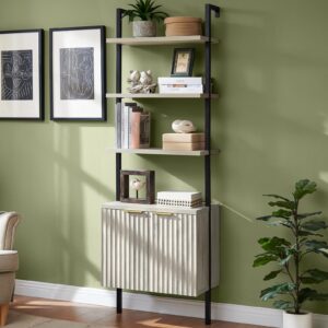 OAKHAM HOME Oxford Bookshelf, Ladder 5 Tier Open Bookshelf, Tall Book Shelf with Cabinet, Wall Mount Bookshelves with Display Rack, Bookcase with Shelves for Bedroom, Living Room, Grey Oak 2 Piece