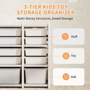 Kids Toy Storage Organizer 10 Removable Toy Bins 3 Cabinets, Multi-Purpose Toy Organizers and Storage, Enclosed Cabinets, Pull-Out Drawers, Kids Toy Storage for Playroom, Nursery, Bedroom (3-Layers)