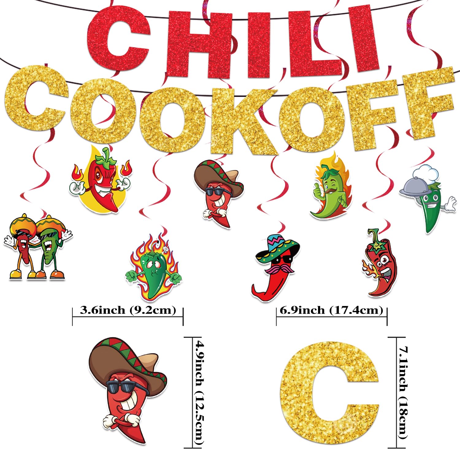 Chili Cook Off Decorations, 1 Pc Chili Cook Off Banner 8 Pcs Chili Hanging Swirls for Chili Contest Tasting Competition, Chili Party Banners Glittery Chili Festival Party Supplies