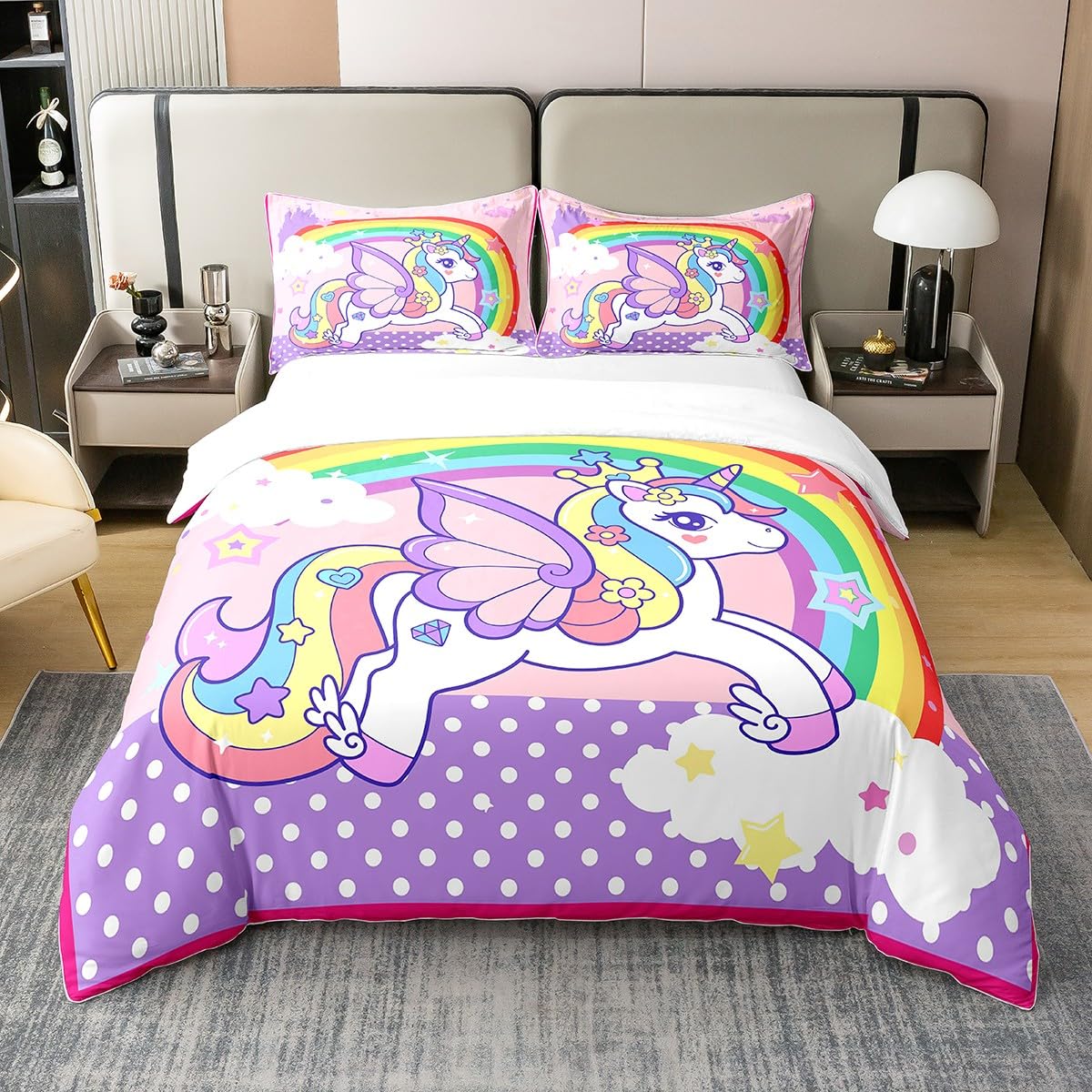 Erosebridal 100% Organic Unicorn Cotton Duvet Cover Twin Size, Rainbow Cloud Comforter Cover, Animals Castle Bed Set for Girls, Purple Yellow Pink Dot Kid Girls Cartoon Quilt Cover