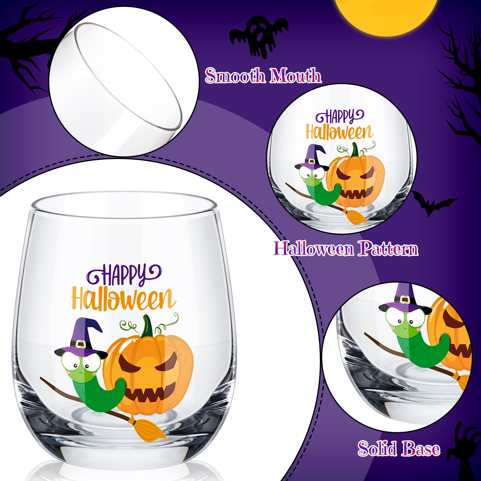 Pickmesh 6 Pcs Halloween Wine Glass 12oz Witches Stemless Glass Spider Pumpkin Halloween Drinking Glass Halloween Party Gift for Wedding Event Birthday Party for Women, Sisters, Friends, Colleagues