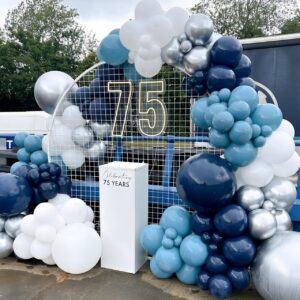 140pcs blue balloon arch garland kit, navy blue dusty blue metallic silver white latex balloons for boys men birthday baby shower wedding gender reveal graduation outer space party decorations