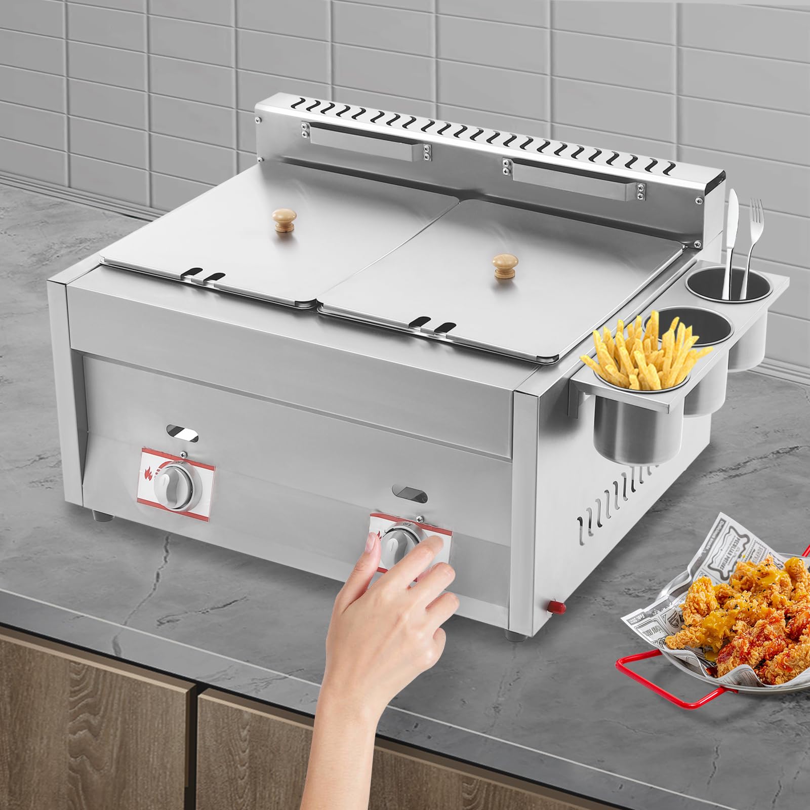 Commercial Deep Fryer, Gas Countertop Deep Fryer With Basket and Lid, Dual Tank Kitchen Fat Fryer, Use for Fry French Fries, Chicken Wings, Fish, Applied to Restaurants, Fast Food Stalls, Snack Shops