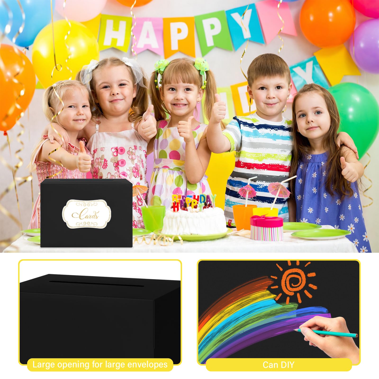 LIKAJON 1 Pack Black Card Box for Party, Gift Cards Receiving Box Wedding Card Box Money Box for Birthday, Bridal or Baby Showers, Retirement, Anniversary, Graduation, Raffle Ticket Box