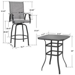 NUU GARDEN 3 Piece Outdoor Patio Bar Set, Patio Bar Furniture Set, Outdoor Tempered Glass Square Bar Table and Textilene Swivel High Backrest Bar Stools for Patio, Garden, Backyard, Gray and Black