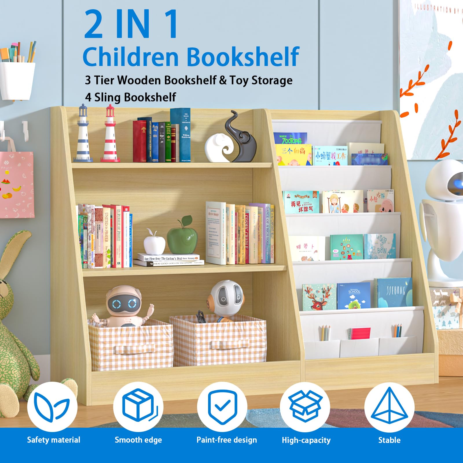 Arbuxzuy Kids Bookshelf and Toy Storage, 3 Tier Wooden Kids Bookcase with Storage, Floor-to-Ceiling Baby Book Organizer with Sling, Children Book Rack for Playroom, Classroom, Nursery, Natural