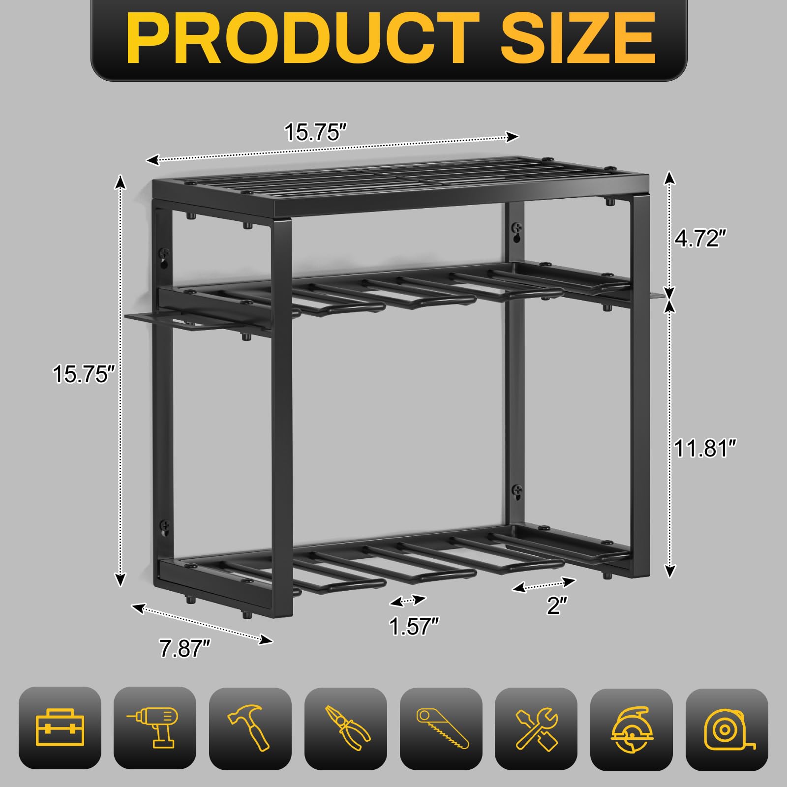 Power Tool Organizer Wall Mount, 3 Layers Drill Holder With Charging Station, Heavy Duty Garage Tool Storage，Utility Racks Shelf for Tool Batteries, Screwdriver, Wrench