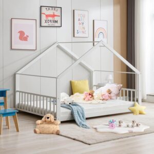 Pipleo Full Size Floor Bed, Wood House Bed with Headboard and Footboard, Montessori Wood Bed, Playhouse Toddler Floor Bed Frame for Boys, Girls, No Box Spring Needed (White, Full Size)