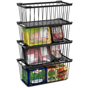 tafura freezer organizer bins (14" lx7 wx6.1 h) - 4 pack stackable freezer baskets sort frozen meats & food - deep freezer organizer bins with handles for upright & chest freezer (black)