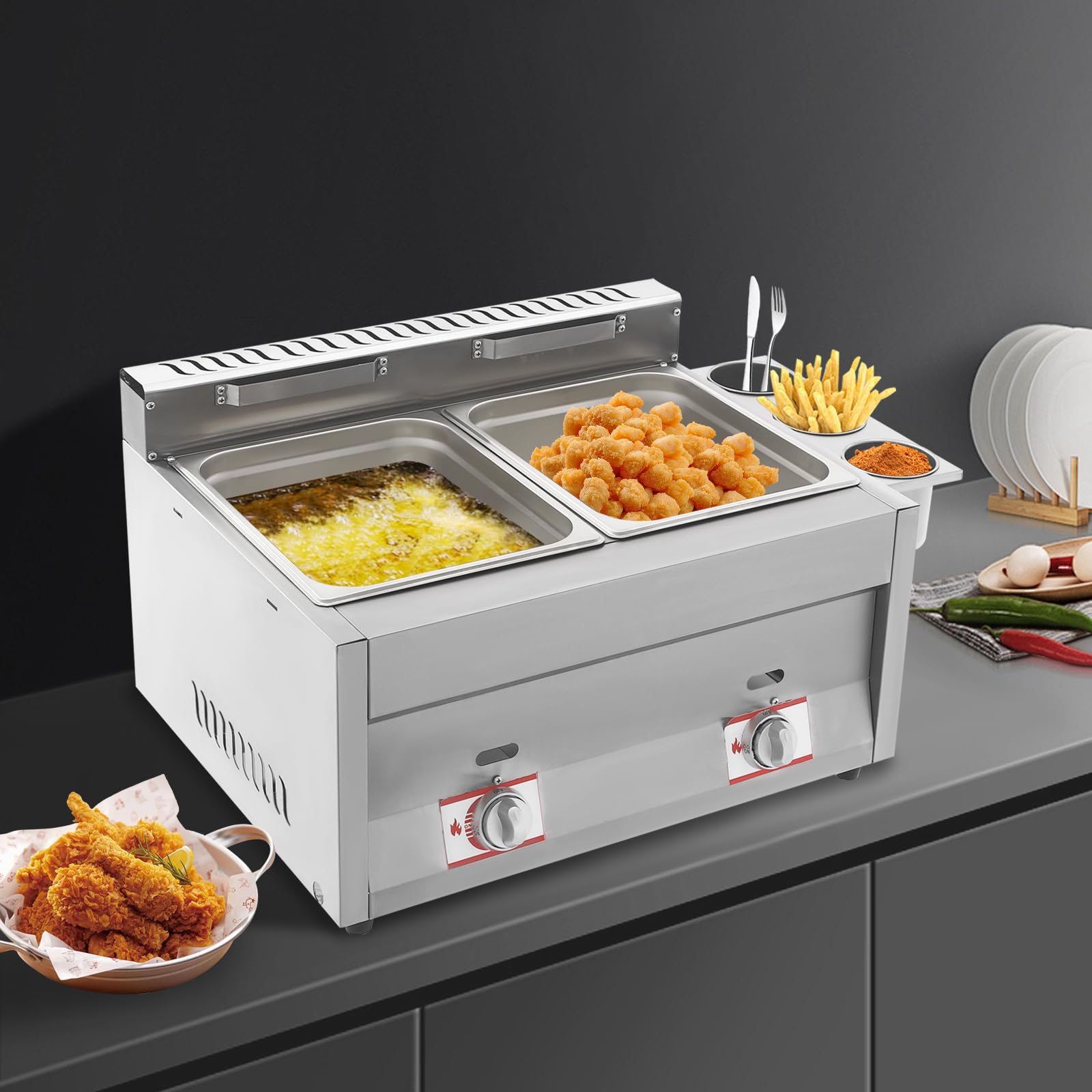 Commercial Deep Fryer, Gas Countertop Deep Fryer With Basket and Lid, Dual Tank Kitchen Fat Fryer, Use for Fry French Fries, Chicken Wings, Fish, Applied to Restaurants, Fast Food Stalls, Snack Shops