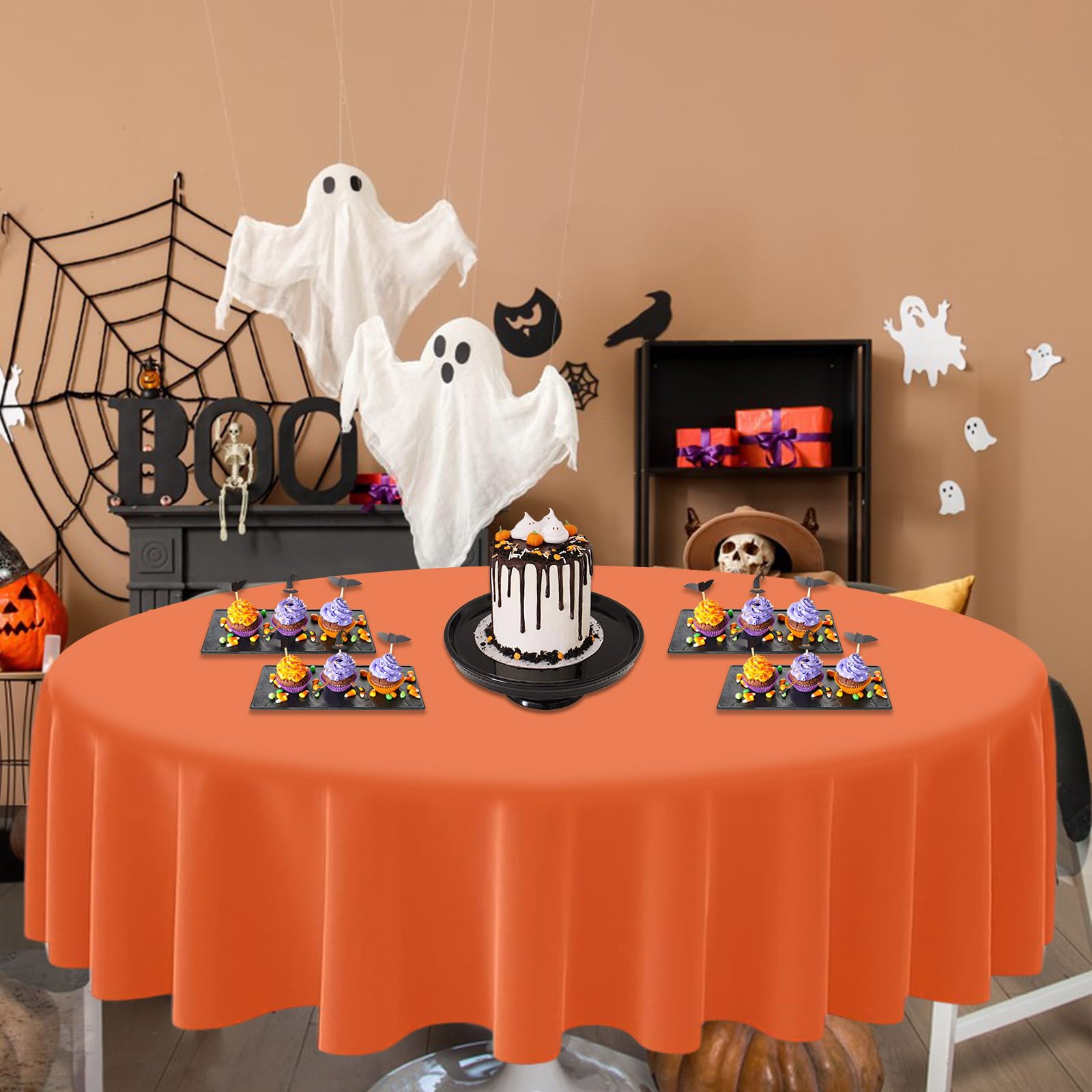 YEXEXINM 12 PCS Halloween Plastic Tablecloth for Round Tables, 84 Inch Halloween Disposable Round Tablecloths, Halloween Waterproof Table Covers for Halloween Indoor Outdoor Parties