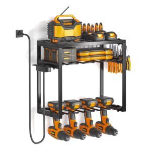 power tool organizer wall mount, 3 layers drill holder with charging station, heavy duty garage tool storage，utility racks shelf for tool batteries, screwdriver, wrench