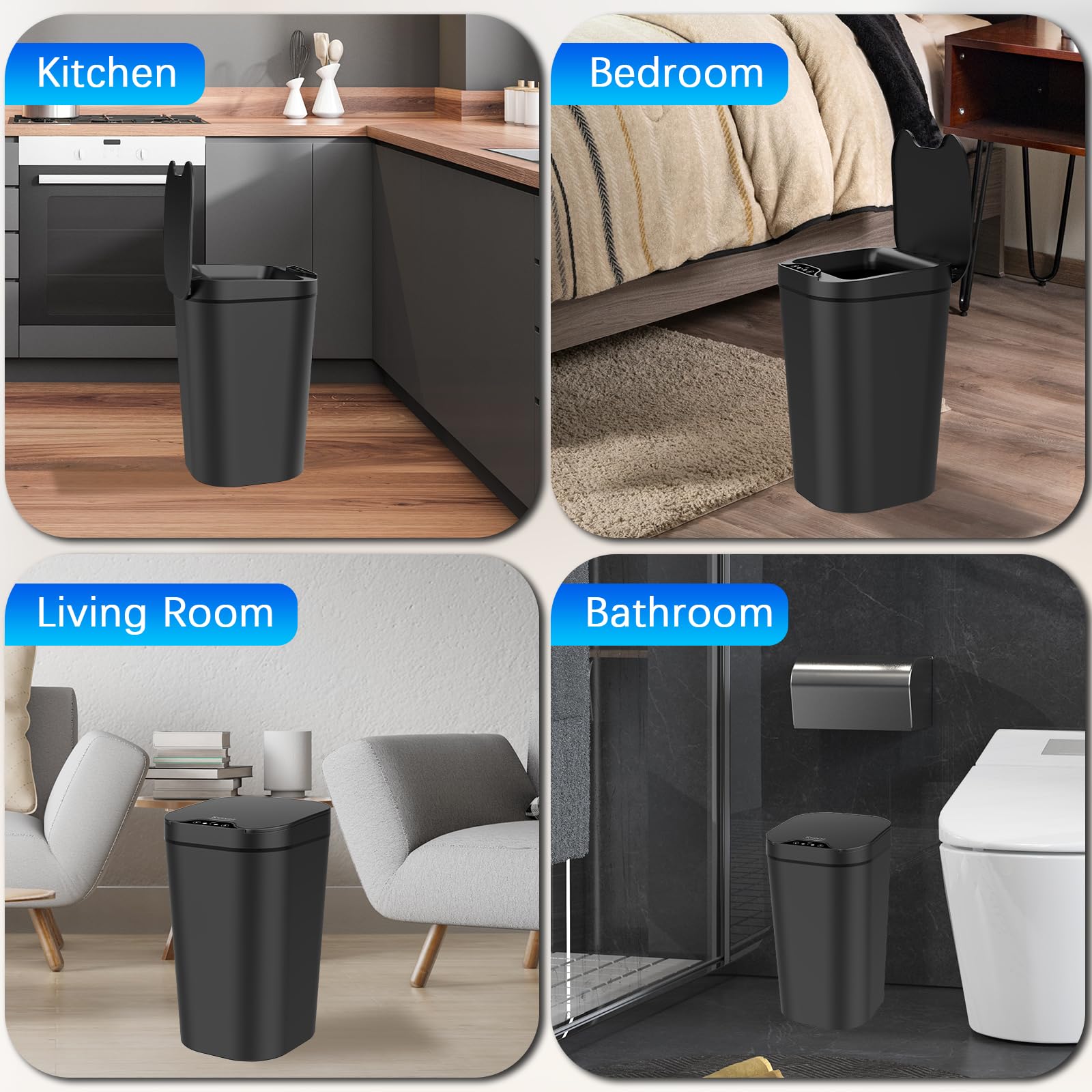 2 Pack Automatic Small Bathroom Trash Can with Lid - 3 Gallon Touchless Electric Garbage Can, Motion Sensor Smart Trash Bin, Slim Dog Proof Trashcan, Waterproof Wastebasket for Bedroom Office (Black)