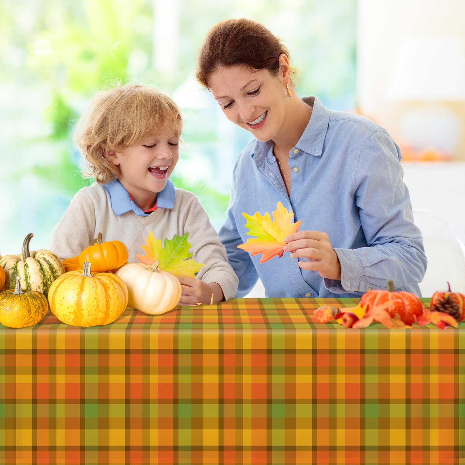 Lenyunge 4PCS Orange Fall Plaid Tablecloth,Checkered Thanksgiving Disposable Tablecloth Waterproof Plastic Autumn Buffalo Plaid Table Cloth for Fall Thanksgiving,54x108Inch