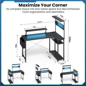 DOMICON 52 Inch L Shaped Gaming Desk with DIY Pegboard, Computer Desk with Monitor Stand, Power Outlets & LED Lights, Reversible Office Desk