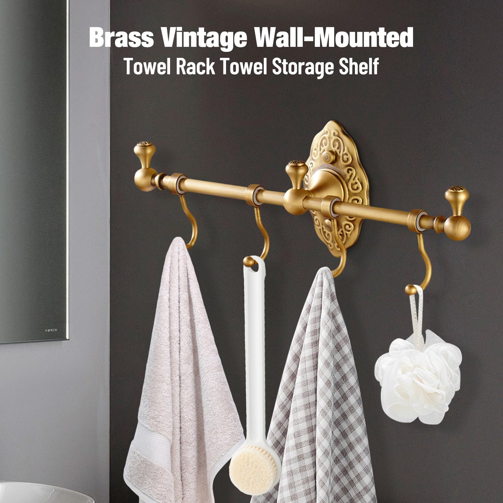 RustyVioum Wall Mounted Brass Towel Bar with 4 Hooks, European Retro Brass Towel Hook Rack, Hanger Hook Rack for Entryway Bathroom Bedroom, 14.17 * 2.95inch