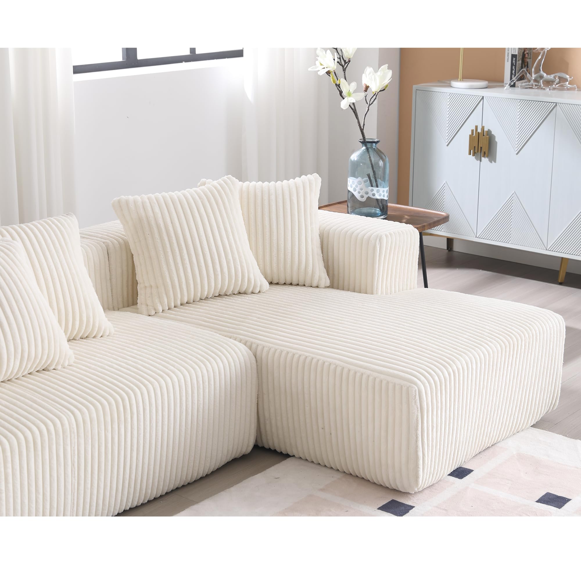 Plococo 131'' Modular Sectional Couch, U-Shaped Sofa, Chaise Lounge, Striped Corduroy Fabric,Upholstered 4 Seater Couch for Living Room, Bedroom, Free Combination Sofa (White)