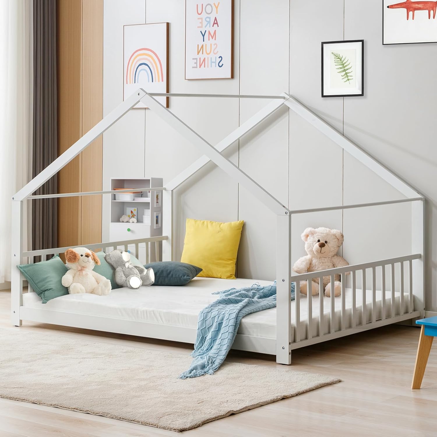 Pipleo Full Size Floor Bed, Wood House Bed with Headboard and Footboard, Montessori Wood Bed, Playhouse Toddler Floor Bed Frame for Boys, Girls, No Box Spring Needed (White, Full Size)