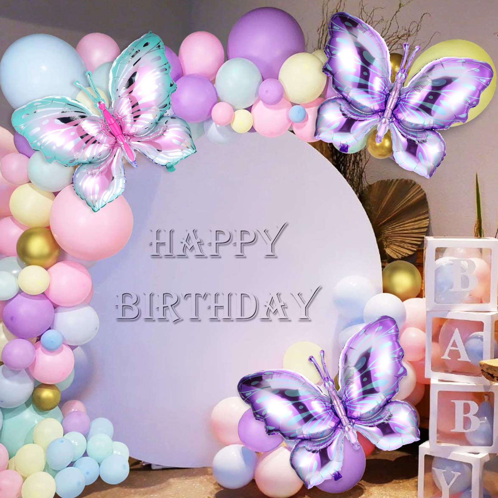 Butterfly Birthday Decorations, 6Pcs 40Inch Large Beautiful Butterfly Foil Mylar Balloons Butterfly Themed Birthday Party Decors for Girls, Baby Shower Decorations (Pink/Blue/Purple)