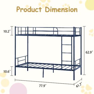 Bunk Bed Twin Over Twin, Twin Over Twin Bunk Bed with Metal Guardrail and Ladder, Heavy Duty Twin Bunk Beds for Boys, Girls, Teens, Adults, No Box Spring Needed, Noise Free (Navy Blue)