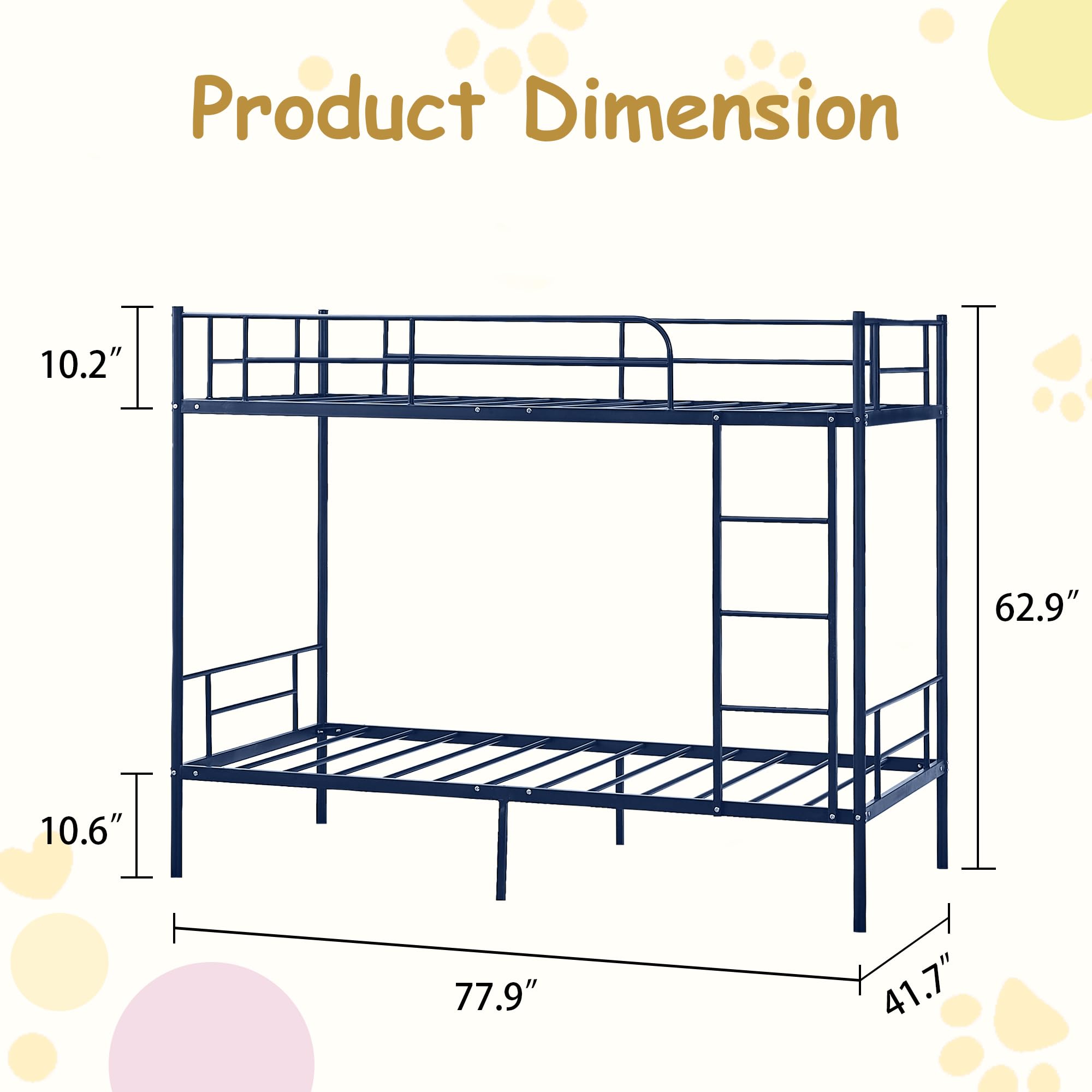 Bunk Bed Twin Over Twin, Twin Over Twin Bunk Bed with Metal Guardrail and Ladder, Heavy Duty Twin Bunk Beds for Boys, Girls, Teens, Adults, No Box Spring Needed, Noise Free (Navy Blue)