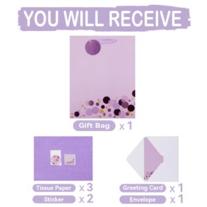 13" Large Purple Gift Bag Set with Greeting Card and Tissue Paper (Purple Foil Dots) for Celebrating Birthdays, Baby Shower, Weddings, Anniversary, Valentine's Day, Mother's Day - 10.2”x5.2”x13”, 1 Pcs.