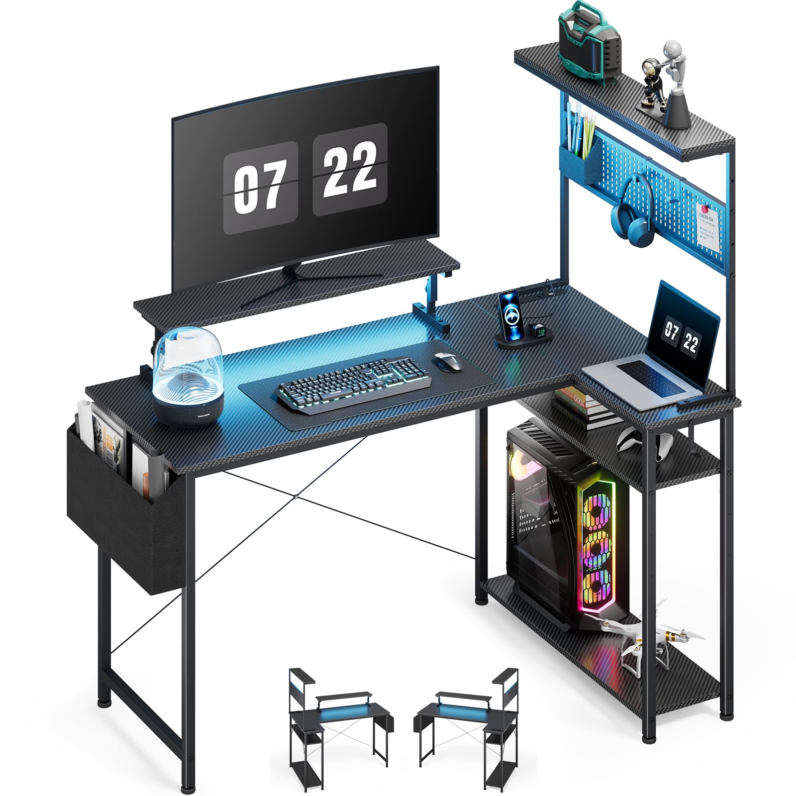 DOMICON 52 Inch L Shaped Gaming Desk with DIY Pegboard, Computer Desk with Monitor Stand, Power Outlets & LED Lights, Reversible Office Desk