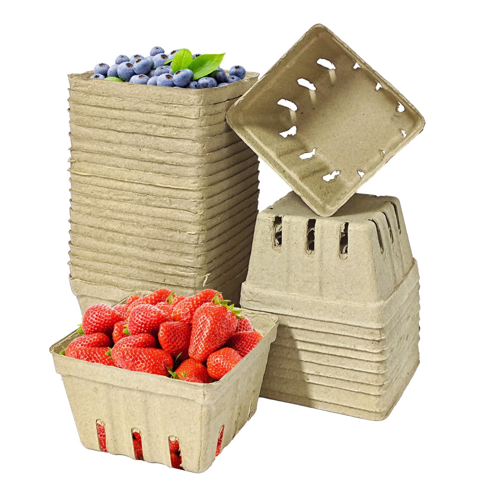 30 Pack Natural Pulp Fiber Berry Basket,Small Molded Produce Vented Basket Kitchen Supplies for Strawberry Blueberry Raspberry, Fruit Tray for Fruit Vegetable Farmer Market Grocery (Small)