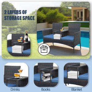 TINKLE WELL Wicker Outdoor Loveseat Modern Rattan 2-Seat Patio Conversation Set with Cushions & Built-in Coffee Table Porch Furniture for Garden Lawn Backyard, Black