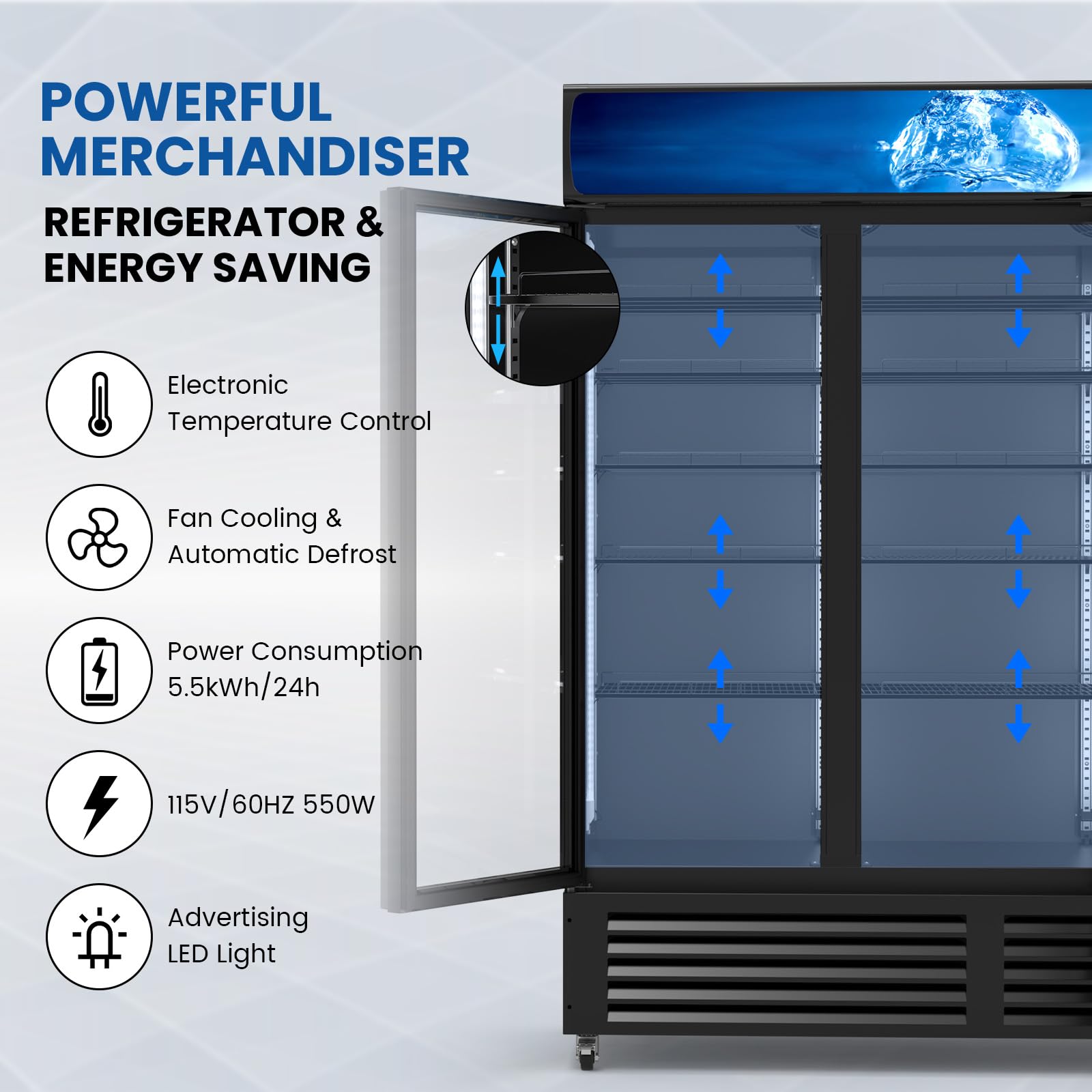 Mojgar 56 Cu Ft Commercial Display Fridge for Beverage,3 Glass Door Upright Refrigerator Merchandiser with Front LED Light,Large Freestanding Compact Slim Business Cooler for Shop,Restaurant,Apartment